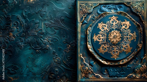 Golden and Blue Ornate Antique Book, To convey a sense of history, elegance, and intricate design in a still life or conceptual image photo