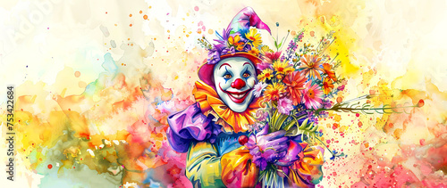 April fool's day. Holiday banner with a cheerful clown with spring flowers. Watercolor illustration. photo