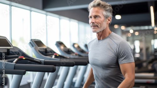 A mature gray-haired man is walking, Running on a treadmill in the gym. Fitness, Sports, Healthy lifestyle concepts.