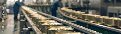 Conveyor line in a seafood processing factory with cans of fish moving through
