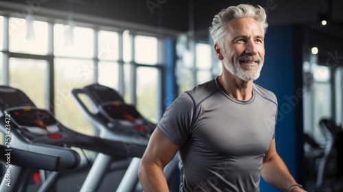 A middle-aged gray-haired man is walking, Running on a treadmill in the gym. Fitness, Sports, Healthy lifestyle concepts. Horizontal photo, copy space.