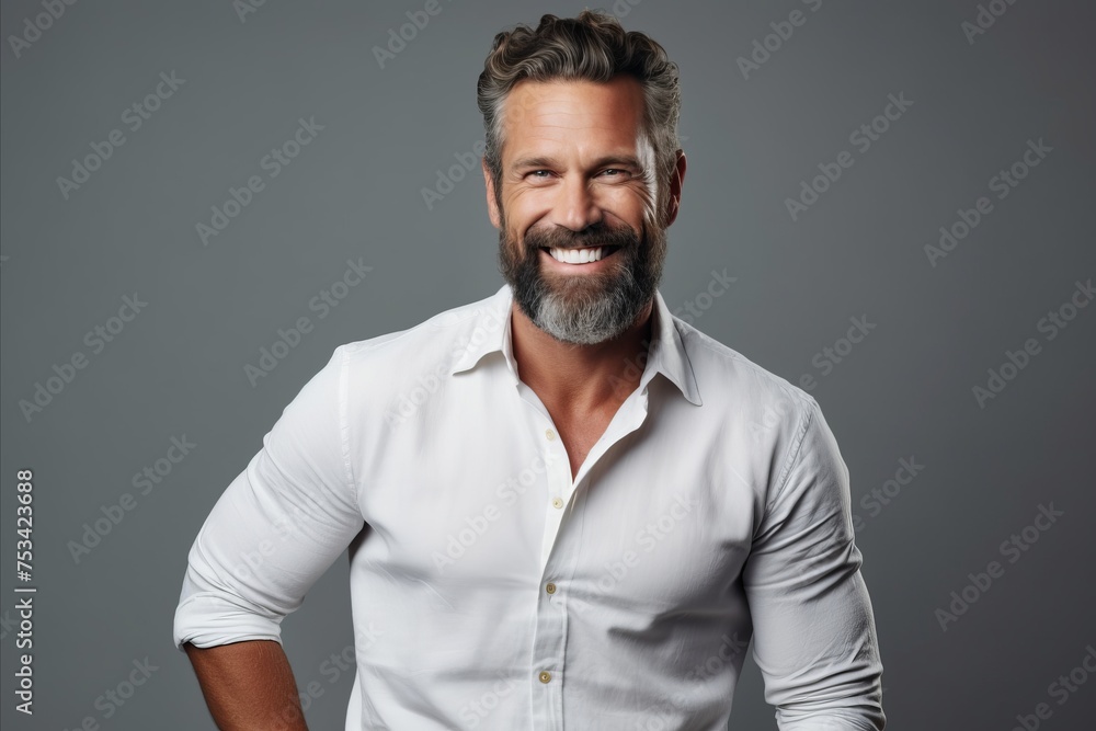 Handsome mature man in white shirt smiling at camera while standing against grey background Handsome mature man in white shirt smiling at camera while standing against grey background