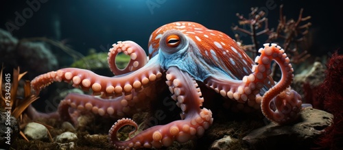 The majestic and beautiful octopus receives coral reef colors showing its camouflage skills
