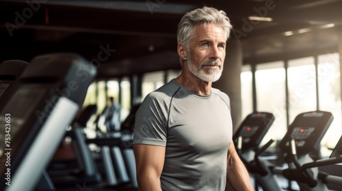 A mature gray-haired man is walking, Running on a treadmill in the gym. Fitness, Sports, Healthy lifestyle concepts.