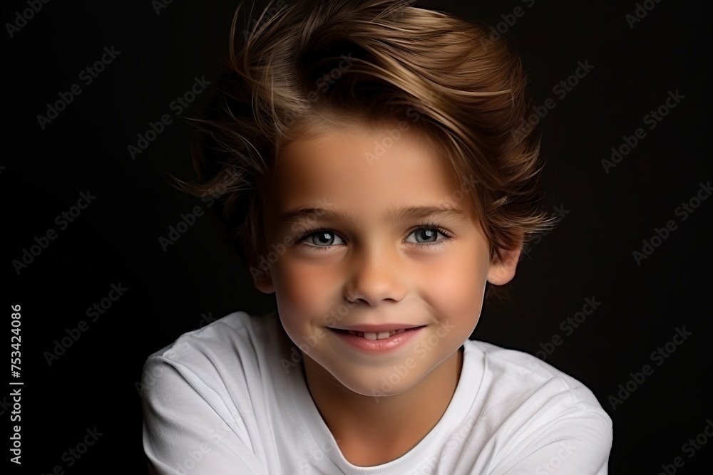 Portrait of a cute little boy on a black background. Studio shot.