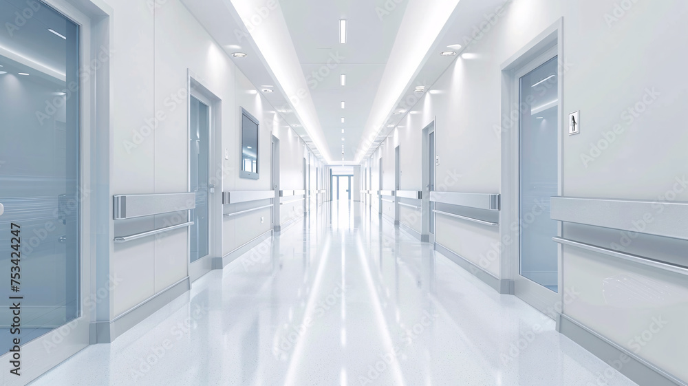 White and clean corridor inside a modern medical building with health care facilities White and clean corridor inside a modern medical building with health care facilities