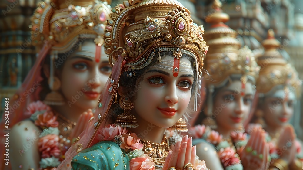 Hindu Goddesses and Krishna Figurines in Photorealistic Detailing, To showcase the beauty and intricacy of Hindu deities and their representation in