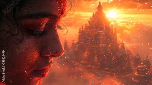 Close-up of Red-Skinned Indian Man with Fiery City and Temple, To be used as a striking and attention-grabbing image in fantasy or epic-style