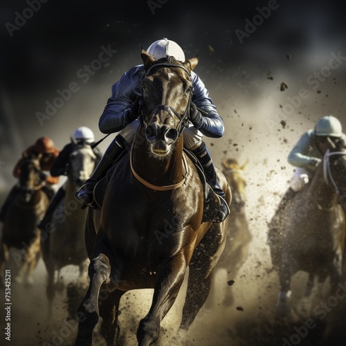 Thoroughbred horses jockey in a race