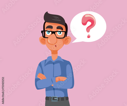 Puzzled Young Man Having Questions Vector Cartoon Character. Pensive guy feeling doubtful and uncertain
