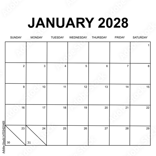 january 2028 calendar. week starts on sunday. printable, simple, and clean design. calendar vector design.