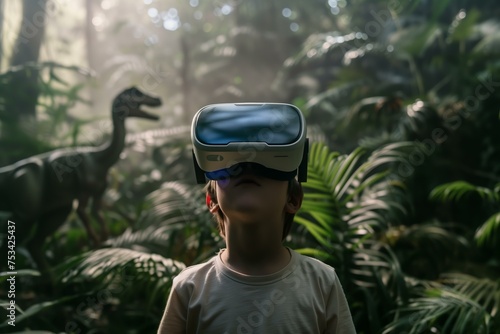 Fototapeta Naklejka Na Ścianę i Meble -  young boy wearing a sleek modern VR headset in a jungle with dinosaurs