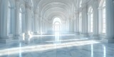 Bright White Marble Hall with Tall Columns and Arched Windows, To convey a sense of grandeur, luxury, and sophistication in high-end branding,