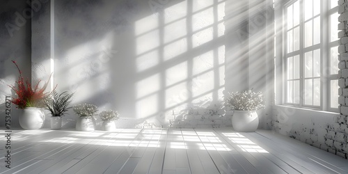 Sunlight Streaming into a White Room with Flowers, To provide a high-quality, visually appealing image of a bright and tranquil interior, showcasing photo