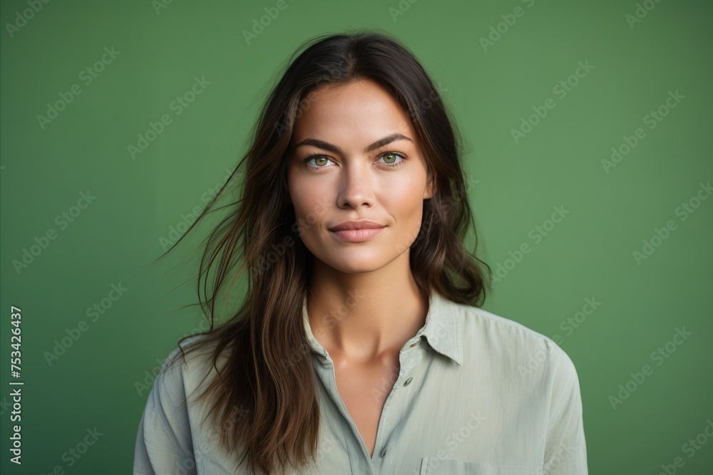 Portrait of a beautiful young woman with long hair on green background Portrait of a beautiful young woman with long hair on green background