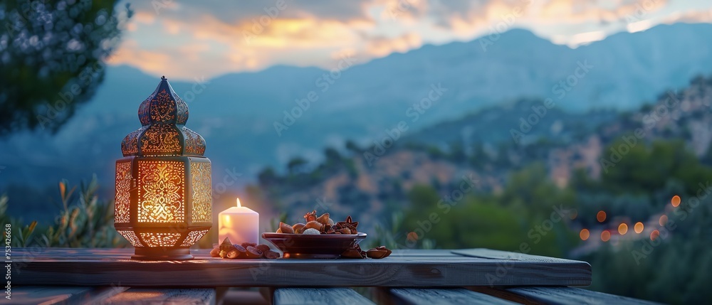 The Ramadan theme has an Islamic lantern and strawberries top of an wooden surface a relaxation portrait against blurry nature backdrop with space, Generative AI. - obrazy, fototapety, plakaty 