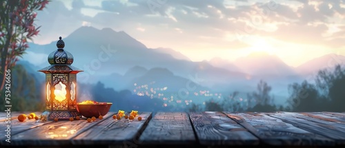 The Ramadan theme has an Islamic lantern and strawberries top of an wooden surface a relaxation portrait against blurry nature backdrop with space, Generative AI.
