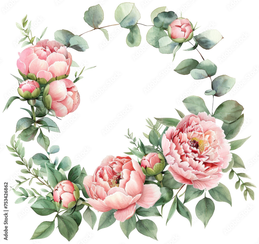 Watercolor floral illustration ,watercolor, pink peonies, greenery, eucalyptus, half circle - border, wreath, frame , Perfect wedding stationary, greetings, fashion, PNG element.