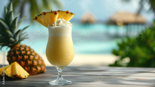 Beachside Cocktail Fresh pineapple juice and Cold Refreshment on table seaview front summer season background banner copy space area