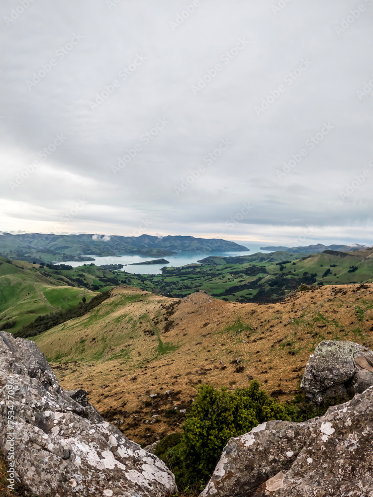 Montgomery Peak Landscape Offers Stunning Views of Akaroa Harbour from Montgomery Scenic Reserve, Banks Peninsula, Canterbury, New Zealand