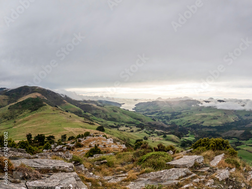 Montgomery Peak Landscape Offers Stunning Views of Akaroa Harbour from Montgomery Scenic Reserve, Banks Peninsula, Canterbury, New Zealand