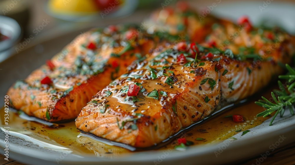 salmon in sauce on a white plate salmon in sauce on a white plate