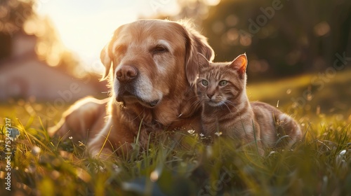 Dog Cat Together On Grass Sunn, Desktop Wallpaper Backgrounds, Background HD For Designer photo