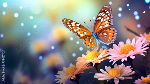  Golden butterfly on Daisy Delight Field of Flowers Blooms Garden bokeh Harmony background  © save future
