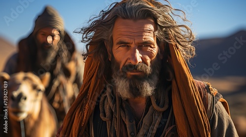 Handsome bearded man with long gray hair and beard in the desert photo