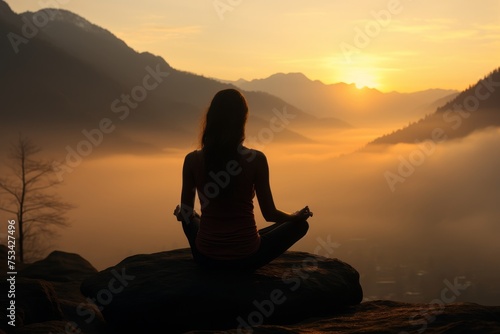 A woman does yoga against the backdrop of mountains and sky. Healthy lifestyle concept © bondar911