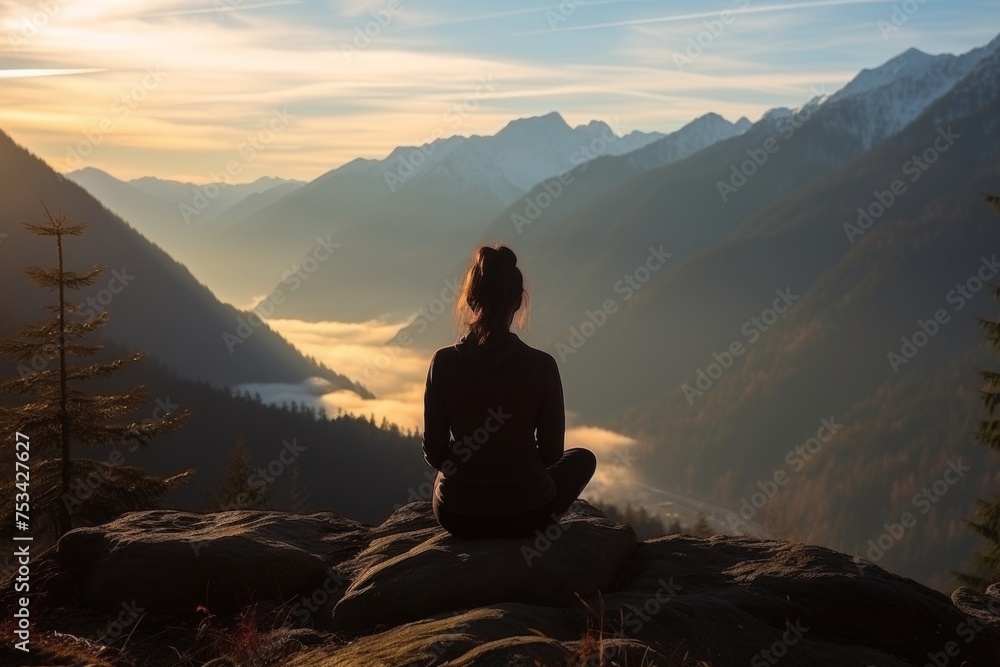 A woman does yoga against the backdrop of mountains and sky. Healthy lifestyle concept