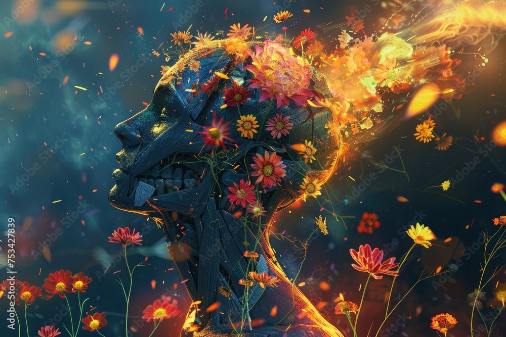 Digital artwork illustration of a shattered human form being engulfed by flames, with vibrant flowers blooming from within, representing the resilience of the human spirit in the face of adversity