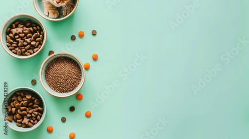 Top view of various pet accessories and food against a pale green background and blank space for text or product, Generative AI.