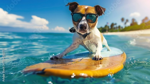 Dog Surfing On Surfboard Wearing Sunglasse, Desktop Wallpaper Backgrounds, Background HD For Designer © PicTCoral