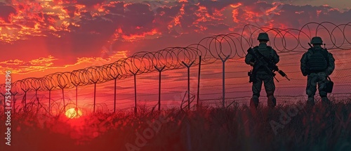 Barbed wire borders are patrolled by armed border guards and the military to keep out illegal immigration. The Emigration Crisis in Texas and Mexico.