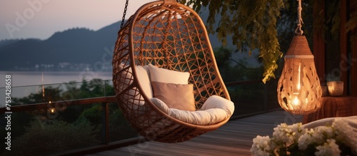 Modern bamboo hanging chair with cozy beige pillow floral decor and ambient lighting on outdoor terrace at dusk