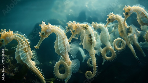 The delicate ballet of a group of seahorses, their tails entwined in a synchronized underwater dance. © exotic