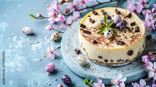With spring flowers and holiday decorations, this delightful cottage cheese cake for Easter is baked with Ester chocolate eggs and chocolate droplets and blank space for text, Generative AI.