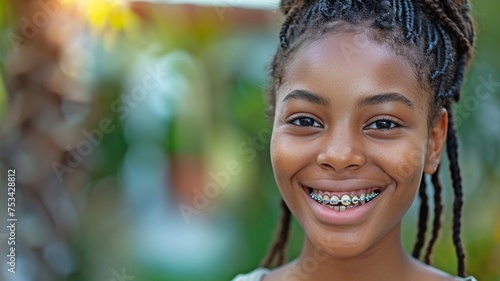 A happy adolescent black girl with dazzling, colorful braces on her white, healthy teeth. Concept of pediatric dentistry. duplicate space