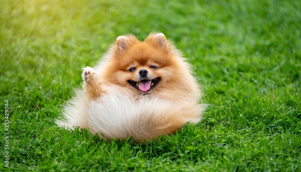 Joyful Frolic: Pomeranian Lounging on Lush Grass, Perfect for Your Message