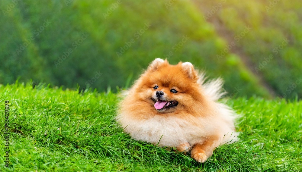 Joyful Frolic: Pomeranian Lounging on Lush Grass, Perfect for Your Message Joyful Frolic: Pomeranian Lounging on Lush Grass, Perfect for Your Message