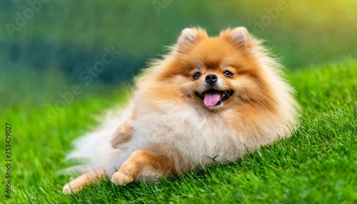 Joyful Frolic: Pomeranian Lounging on Lush Grass, Perfect for Your Message" © Sadaqat