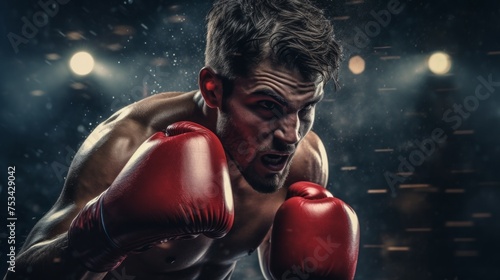 Close-up of a Boxer man striking a direct blow with a glove during a boxing match with an opponent in the ring. Competitions, Sports, Energy, Healthy lifestyle concepts. © liliyabatyrova