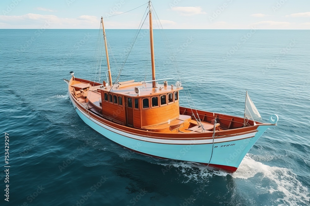 Top view of a boat sailing on the blue sea. Travel, freedom concept