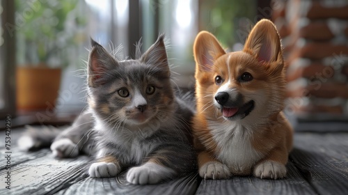 Fluffy Friends Cat Corgi Dog Sitting  Desktop Wallpaper Backgrounds  Background HD For Designer