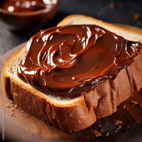 Creamy chocolate spread on toast close-up on texture and spreadability photo