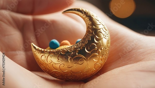 Close up of woman's hand holding golden moon with colorful candies