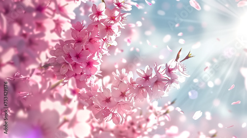 Ethereal pink sakura blossoms against a clear spring sky, with p