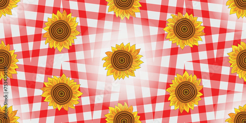 Hand drawn bright red and white checkered seamless pattern with sunflowers