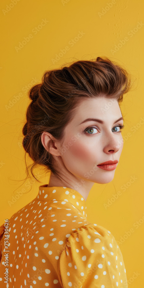 Portrait of a young woman from the 60s isolated from a copy space background